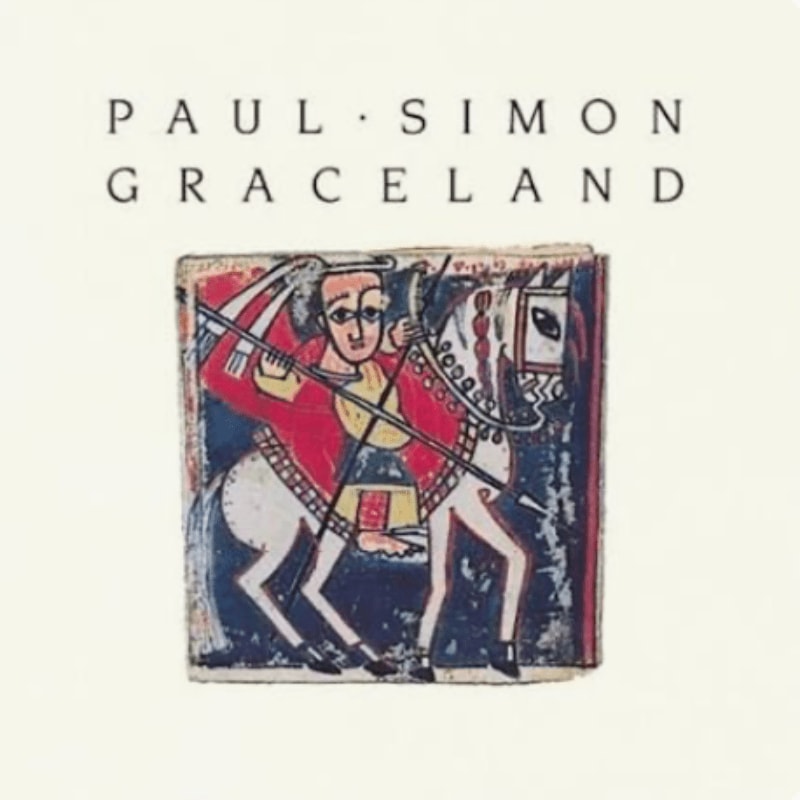 A stylized illustration of a person on horseback is centered on a cream background, with "PAUL SIMON" and "GRACELAND" printed above.