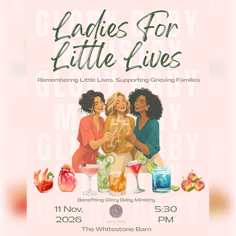 Three women clink glasses in the foreground, with a soft pink background featuring the event title "Ladies For Little Lives" and details about the date, time, and location.