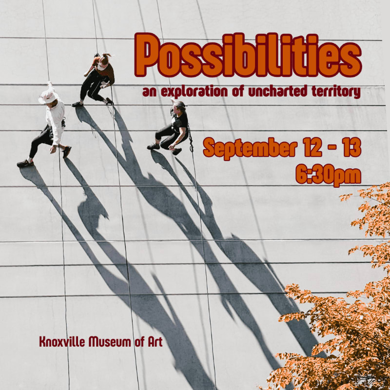 Three people rappel down a modern building's facade, casting long shadows, with event details for "Possibilities" at the Knoxville Museum of Art superimposed.