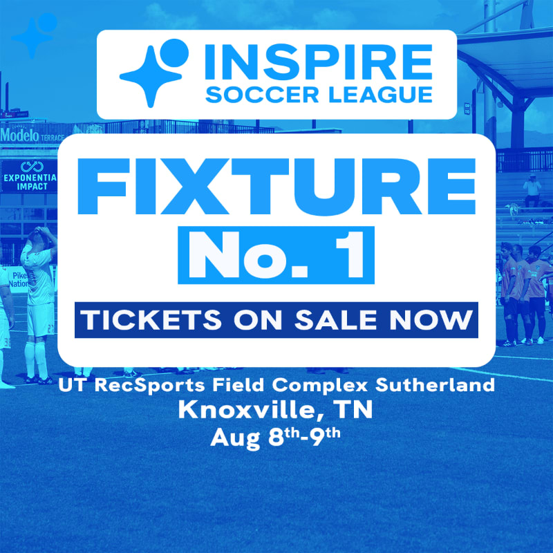 Soccer players stand on a field in front of a stadium with a large "FIXTURE No. 1" sign advertising the Inspire Soccer League.