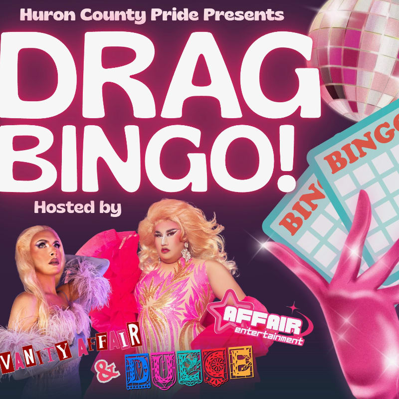 Two drag queens stand in the foreground with "DRAG BINGO!" text and a disco ball in the background.