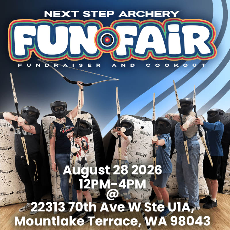 A group of people in archery gear stand in front of inflatable targets, with event details for "Next Step Archery Fun Fair" displayed above.