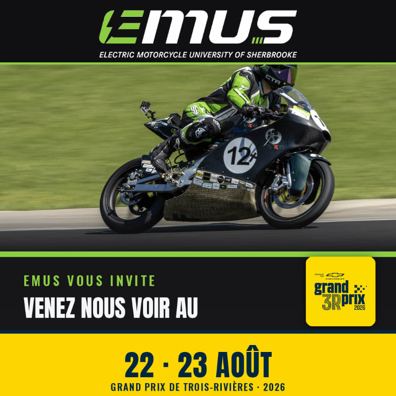 A motorcycle racer on a track is in the foreground, with a blurred green background and event details at the bottom.