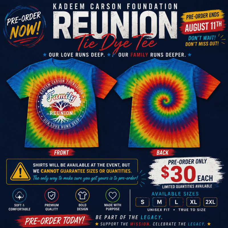A vibrant tie-dye t-shirt with "Reunion" text and foundation details is displayed against a dark, textured background with pre-order information.