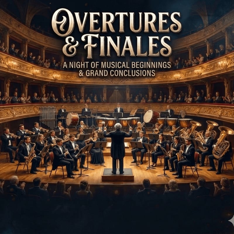 A full orchestra performs on a stage in a grand concert hall filled with an audience.
