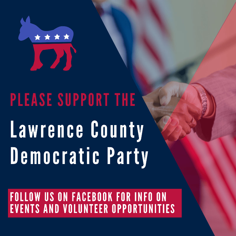 A blue donkey logo and text supporting the Lawrence County Democratic Party are in the foreground, while a handshake and American flag are blurred in the background.