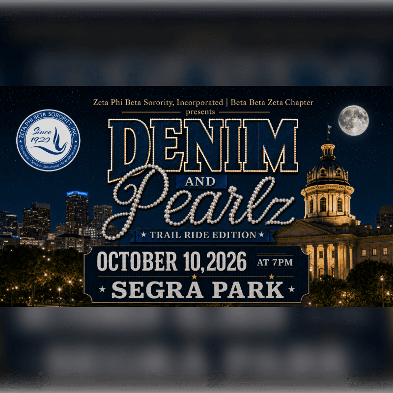 A nighttime event poster for "Denim and Pearlz" by Zeta Phi Beta Sorority features a city skyline and a domed building in the background, with event details prominently displayed in the foreground.