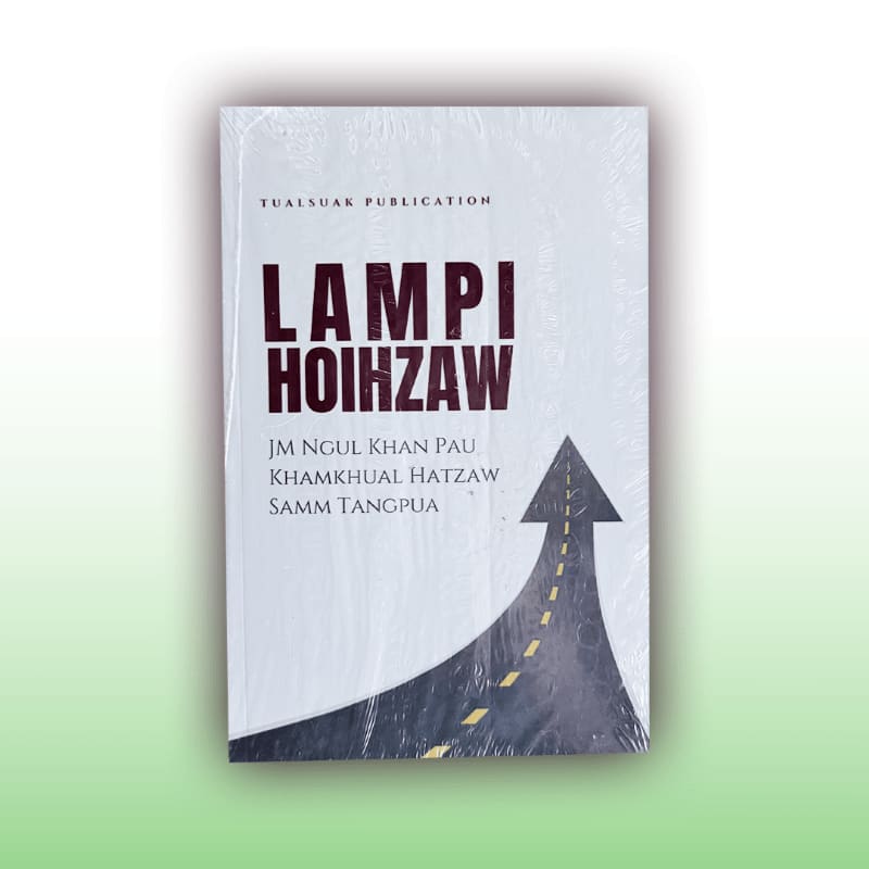 A book with the title "LAMPI HOIHZAW" is displayed in the foreground against a white background, with a stylized road leading upwards on the cover, set against a gradient green and white backdrop.