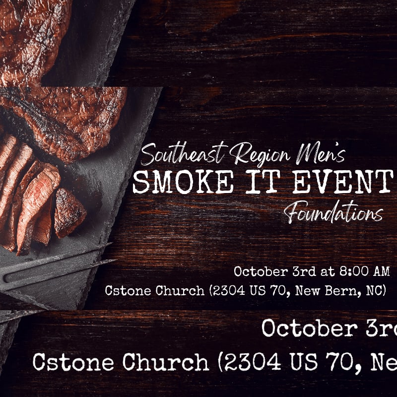 A close-up of sliced steak on a slate platter is in the foreground, with event details for a "Smoke It Event" set against a dark wooden background.