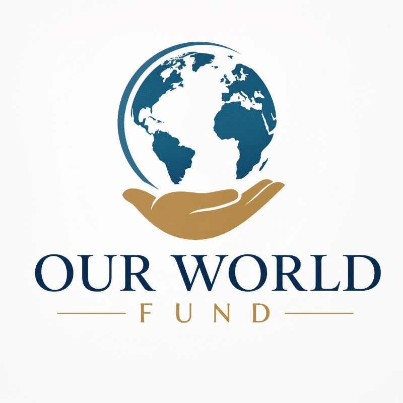 A cupped hand in the foreground supports a globe in the background, with the words "OUR WORLD FUND" below.
