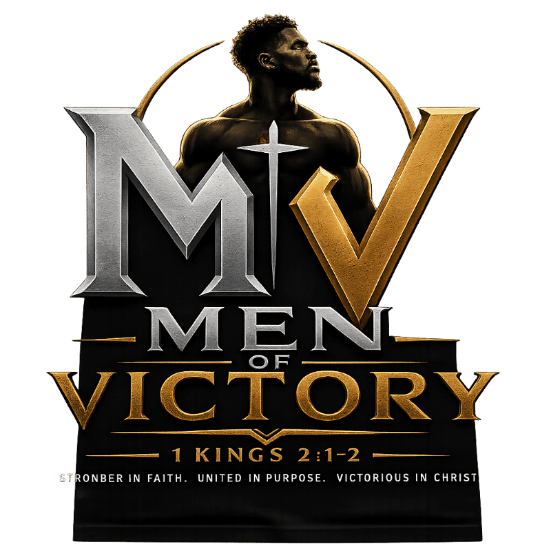 A muscular man stands behind large metallic letters spelling "MV" and "MEN OF VICTORY," with a Bible verse and motto below.