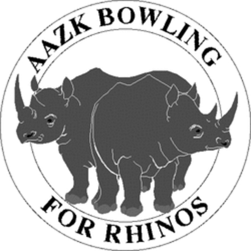 Two rhinos stand side-by-side within a circular emblem that reads "AAZK BOWLING FOR RHINOS."