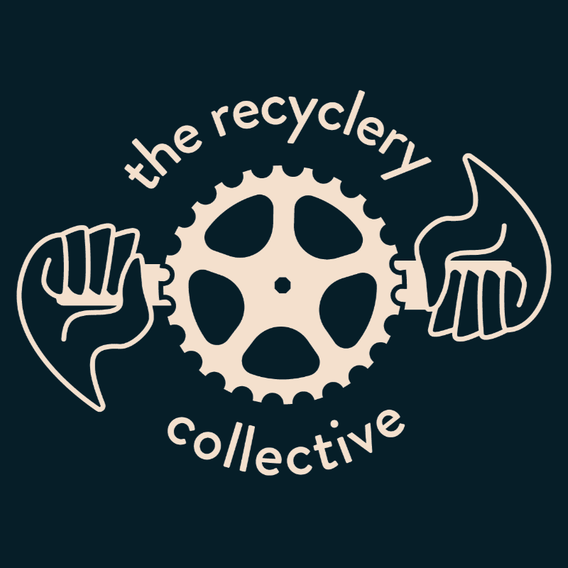 Two hands grip a bicycle gear in the foreground, with the words "the recyclery collective" arching above and below it against a dark blue background.