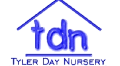 A blue outline of a house frames the blue, bubbly letters "tdn" above the words "TYLER DAY NURSERY" in blue text on a white background.