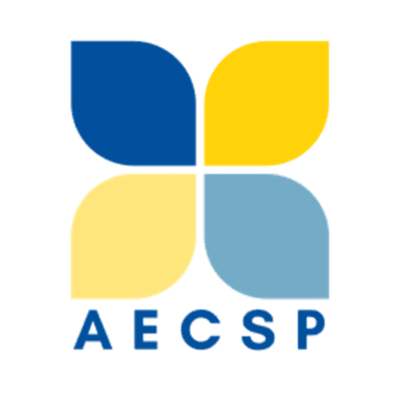 A logo with four petal-like shapes in blue, yellow, and light blue is centered above the letters AECSP on a white background.
