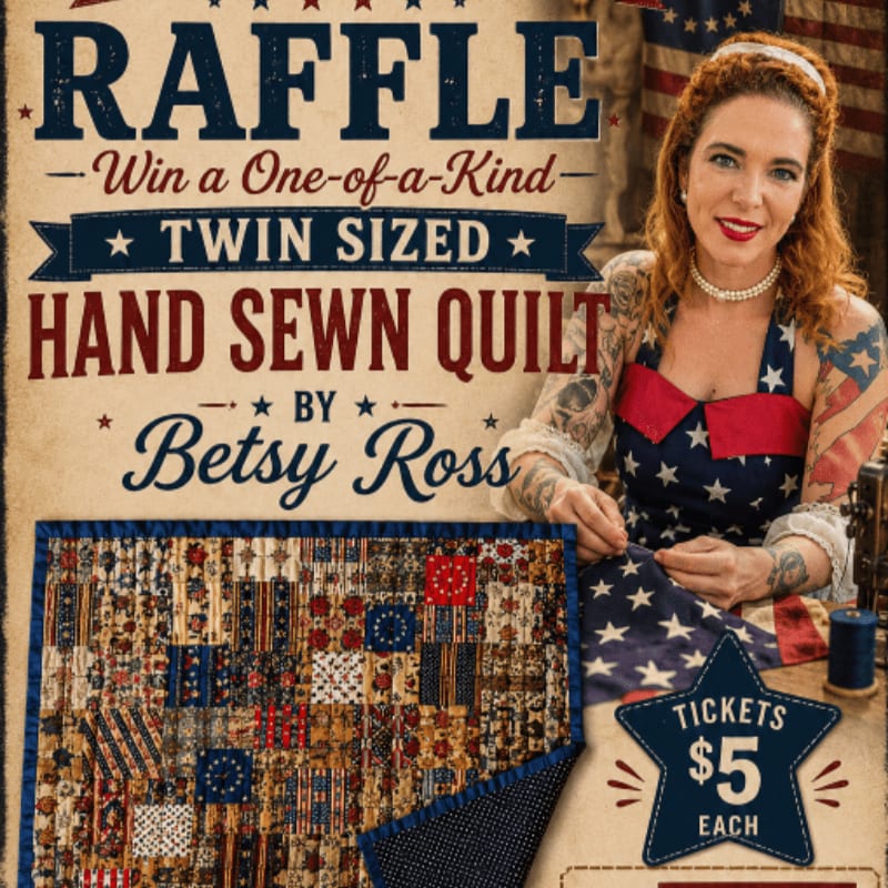 A woman dressed as Betsy Ross sews a quilt in front of a raffle poster for a handmade quilt.
