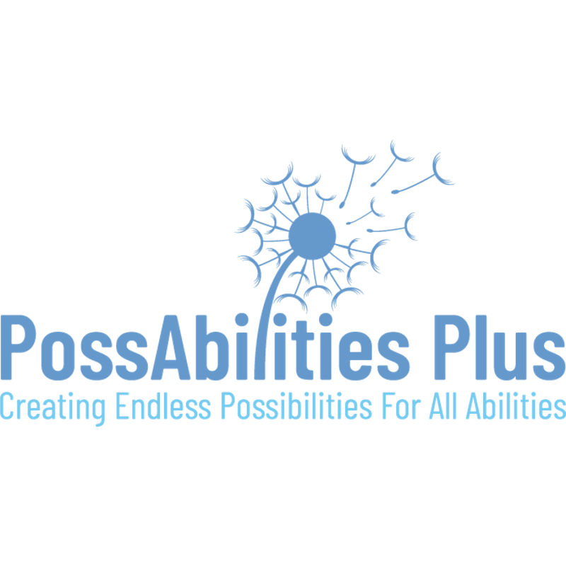 A blue dandelion with seeds blowing away is above the text "PossAbilities Plus" and "Creating Endless Possibilities For All Abilities" on a white background.