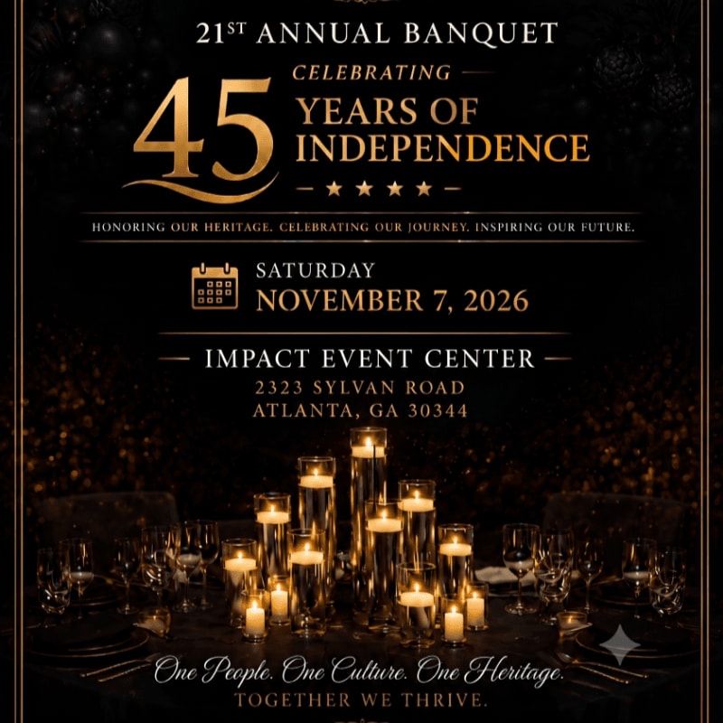 A formal banquet table set with glowing candles in the foreground is set against a dark background with text announcing the 21st Annual Banquet celebrating 45 Years of Independence.