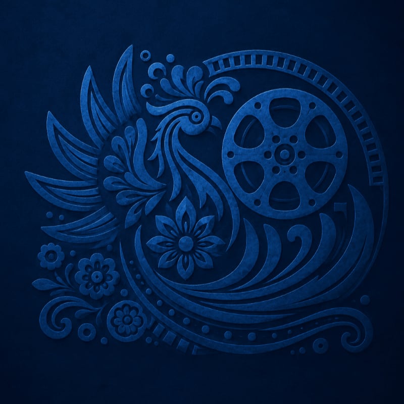 A stylized blue bird with floral elements in the foreground is set against a dark blue, textured background with a film reel integrated into its design.