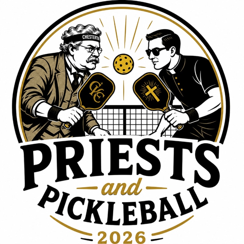 Two priests, one in a suit and the other in clerical attire, face each other across a pickleball net, holding paddles with religious symbols, under a circular emblem with the text "PRIESTS and PICKLEBALL 2026".