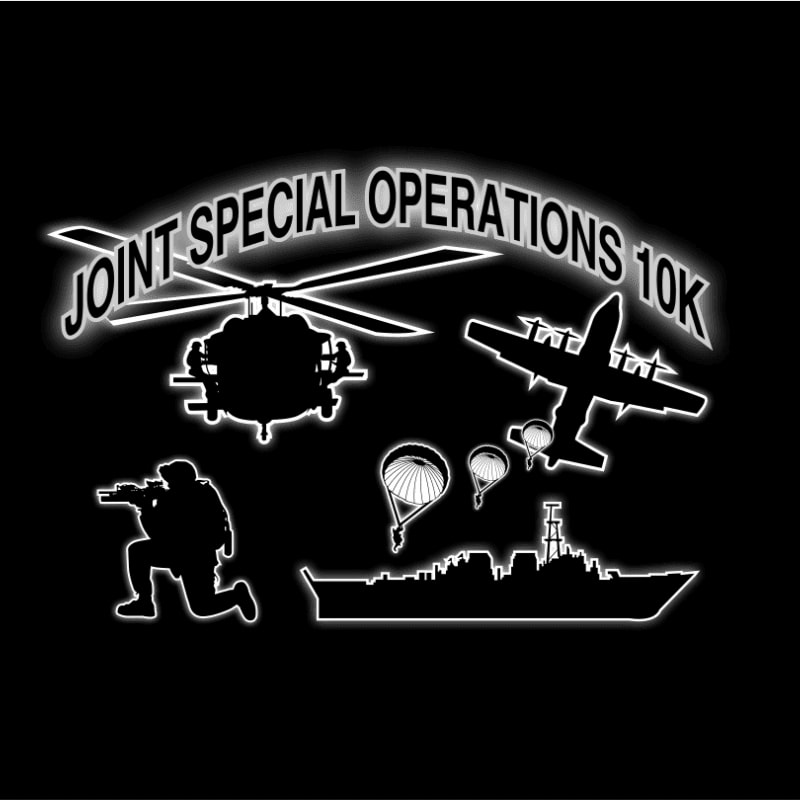 Silhouetted in the foreground are a kneeling soldier, a helicopter, a plane, parachutes, and a ship, all under the glowing text "JOINT SPECIAL OPERATIONS 10K" against a black background.