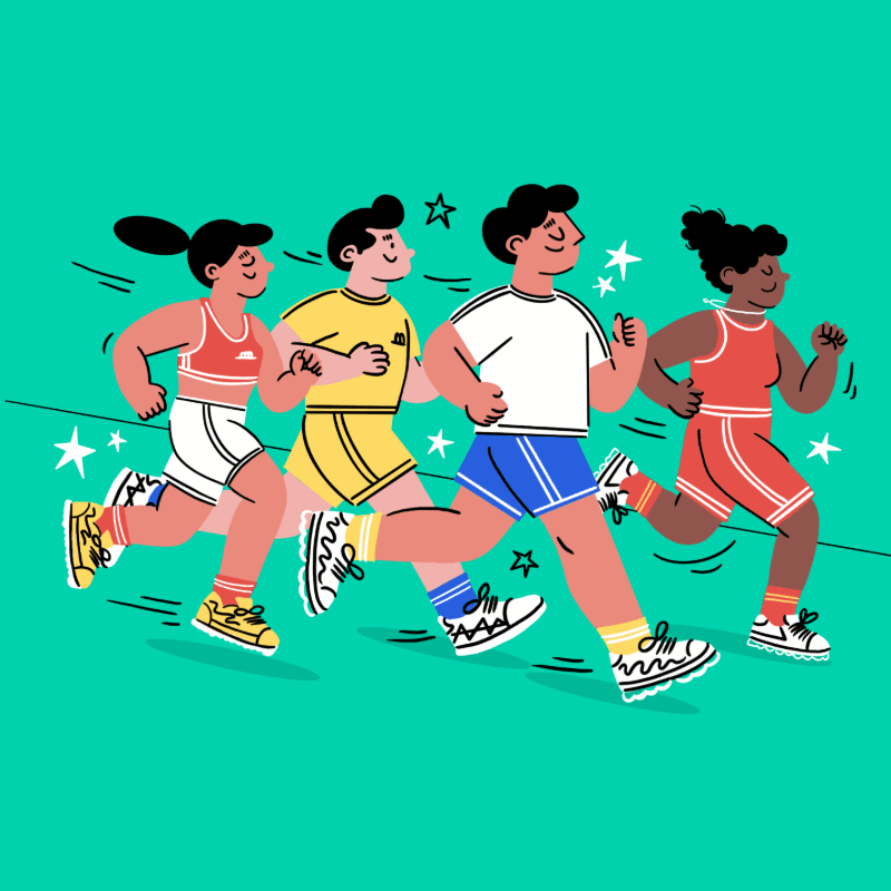 Four diverse runners in athletic wear race across a teal background with white stars and motion lines.