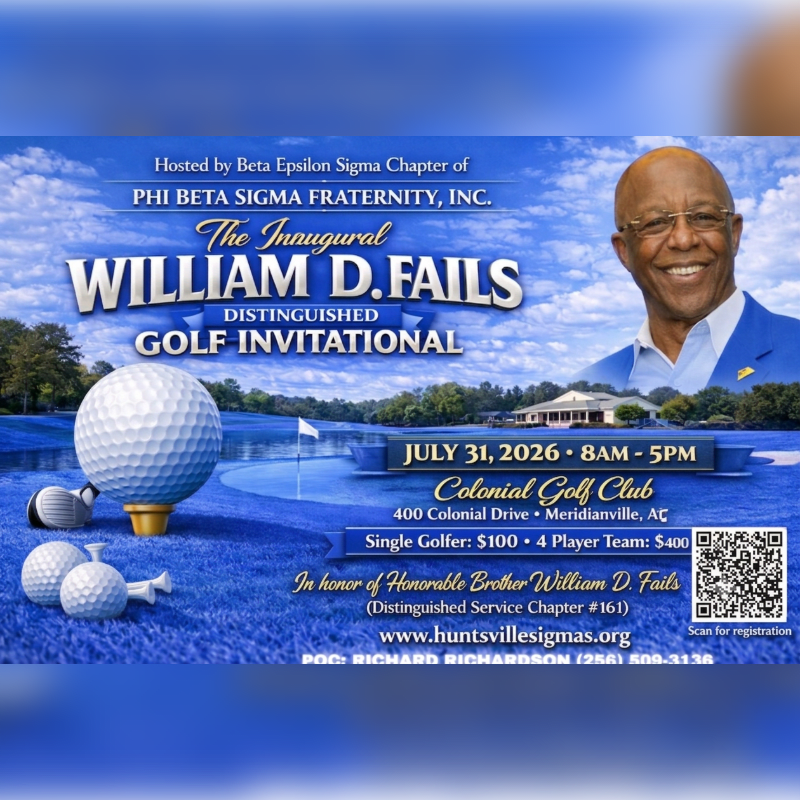 A golf ball and tees rest on a blue-tinted golf course in the foreground, while a smiling man in a blue suit and the event details are displayed against a cloudy sky in the background.