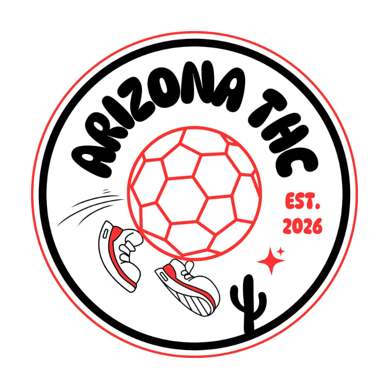 A soccer ball is being kicked by cartoon shoes in the foreground, with the words "ARIZONA THC EST. 2026" and a cactus in the background.