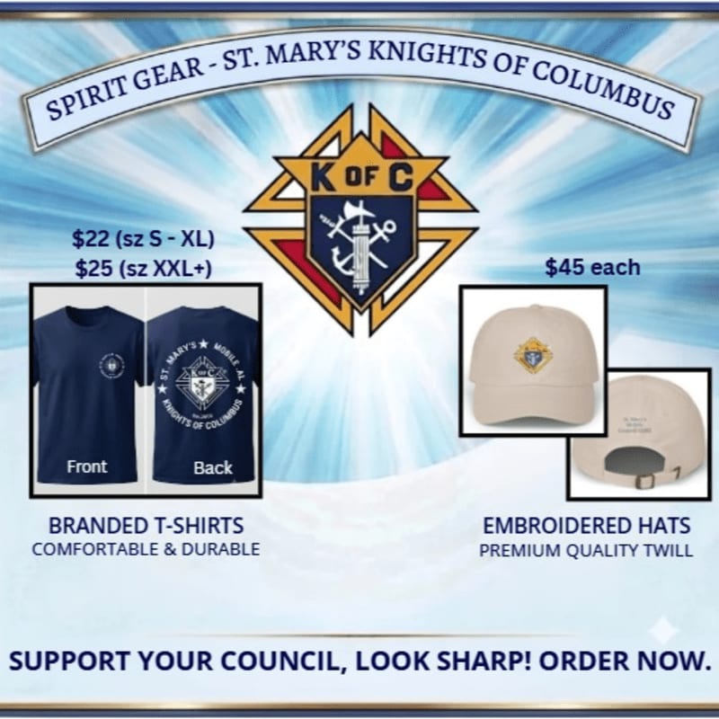Navy blue t-shirts and tan embroidered hats are displayed against a light blue, abstract background with the Knights of Columbus logo prominently featured.