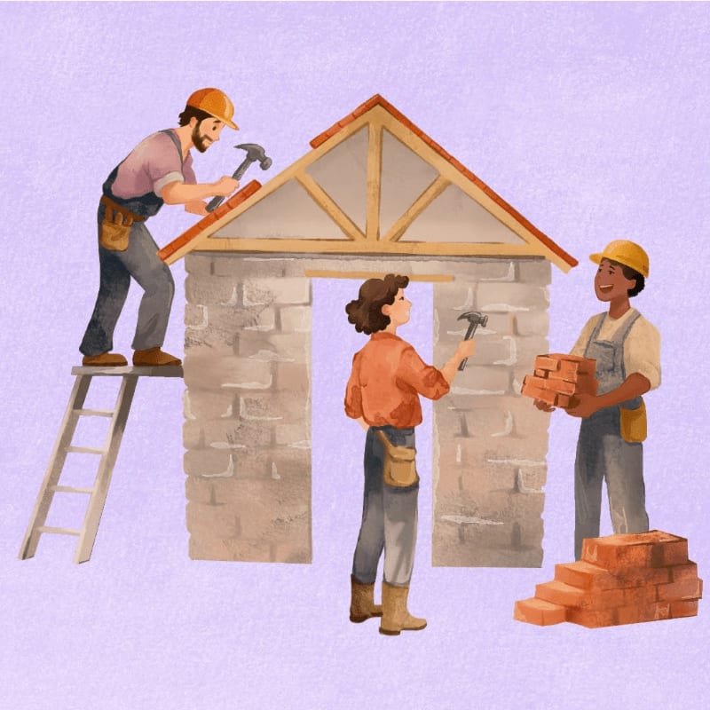 Three people in hard hats are building a brick structure with a wooden roof frame against a light purple background, with one person on a ladder, another placing bricks, and a third holding a stack of bricks.