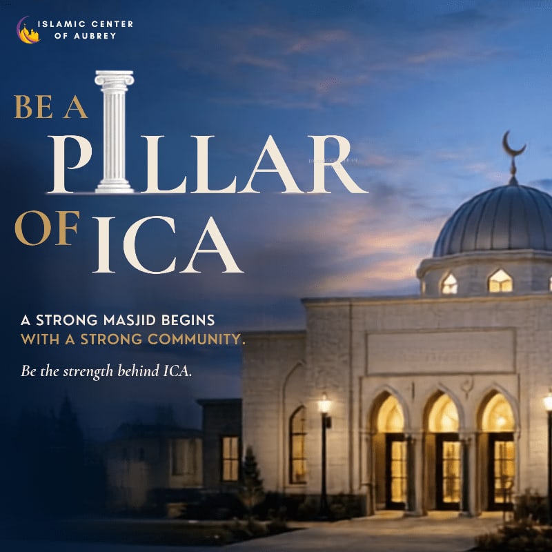 A mosque with a dome and minaret stands illuminated against a twilight sky, with large text overlaying the image that reads "BE A PILLAR OF ICA."