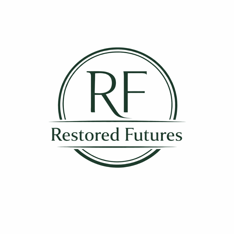A dark green circular logo with the letters "RF" in the center and the words "Restored Futures" below, all on a white background.