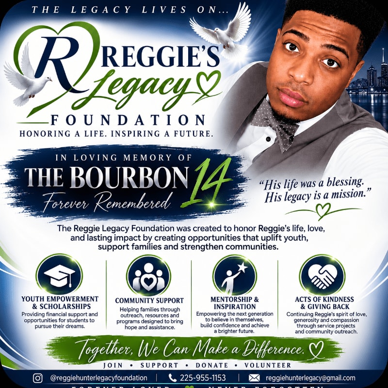 A portrait of a young man is featured in the upper right, with the "Reggie's Legacy Foundation" logo and details about its mission filling the rest of the image.