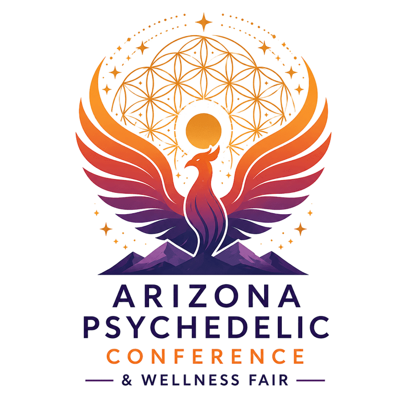 A vibrant phoenix with outstretched wings rises above purple mountains, set against a backdrop of a geometric floral pattern and stars, with the text "ARIZONA PSYCHEDELIC CONFERENCE & WELLNESS FAIR" below.