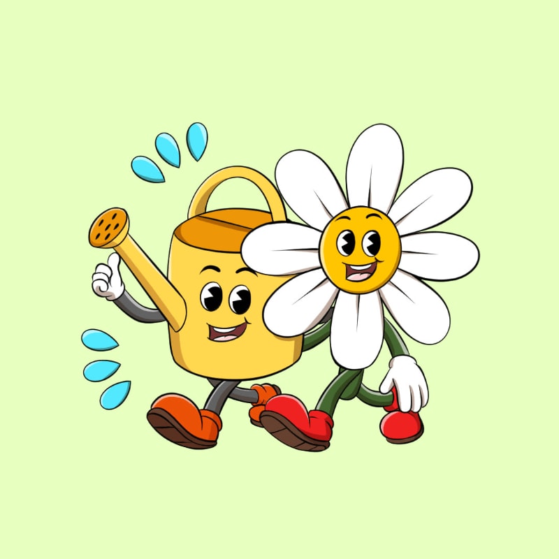 A cheerful cartoon watering can and a daisy with arms and legs walk together against a pale green background with blue water droplets.