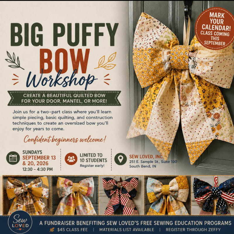 A large, quilted bow made of patchwork fabric hangs on a door in the background, while the foreground displays details about a "Big Puffy Bow Workshop" with class information and examples of other bows.