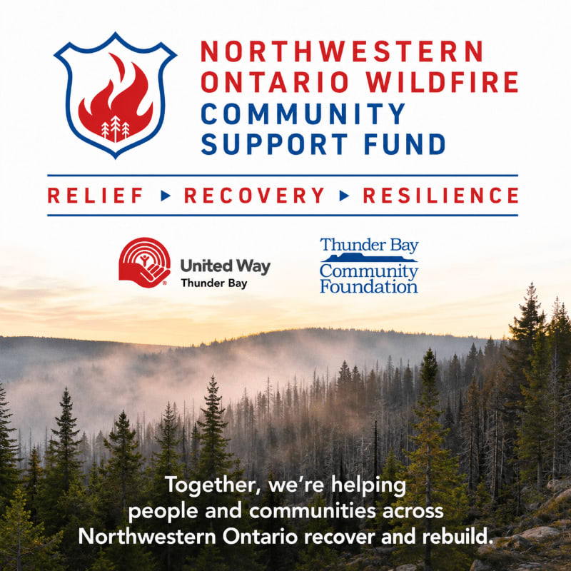 A misty forest landscape with evergreen trees in the foreground and text overlaying the image promoting the Northwestern Ontario Wildfire Community Support Fund.