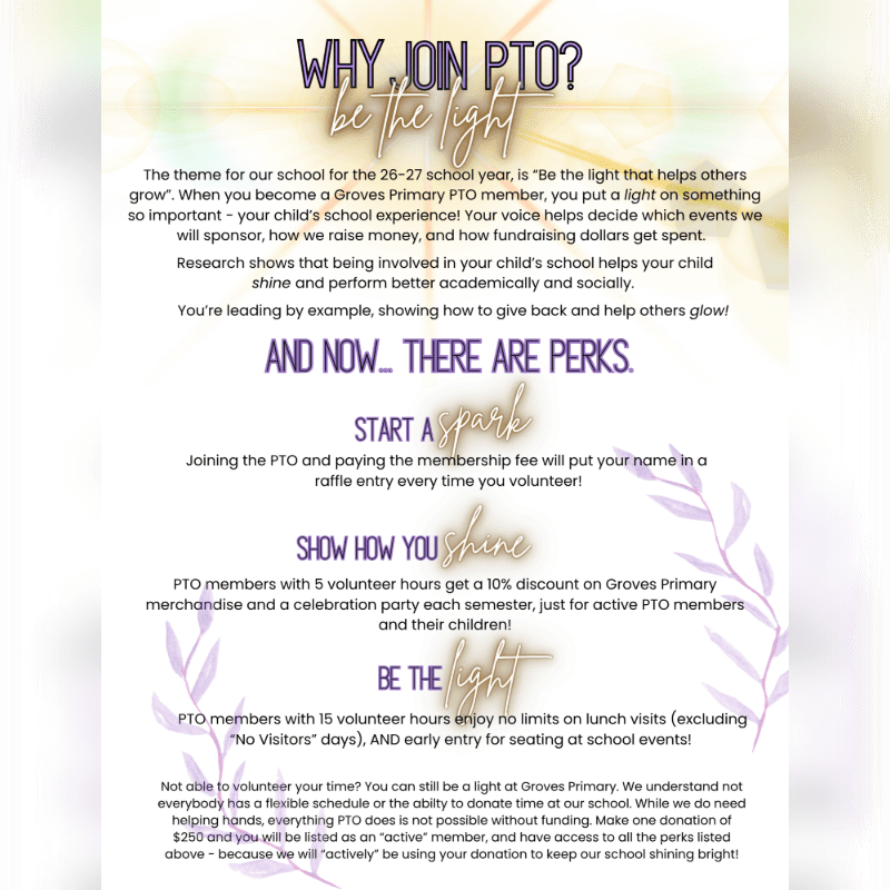 A flyer with purple and yellow accents details the benefits of joining the PTO, with text about volunteering and perks against a blurred background of lights and leaves.
