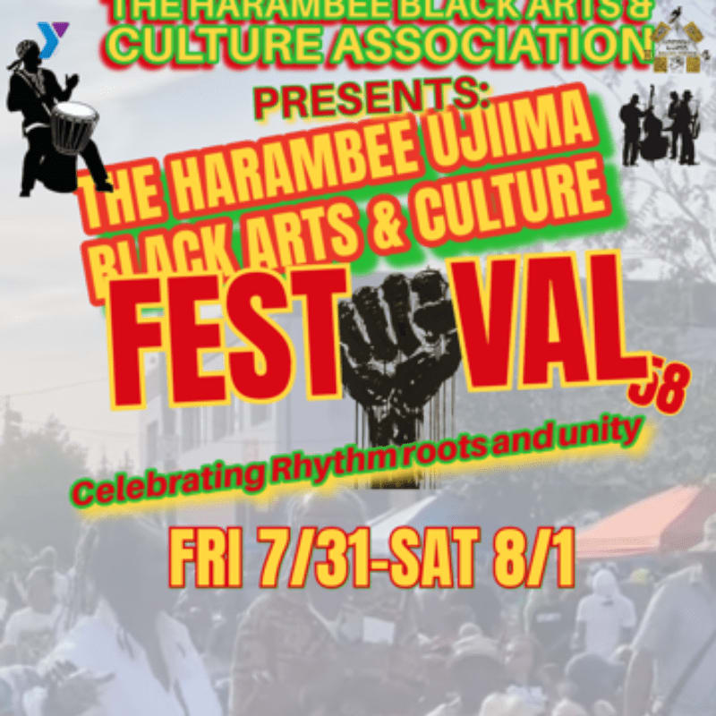 A vibrant festival poster announces the Harambee Ujima Black Arts & Culture Festival, with a silhouette of a drummer in the foreground and a blurred crowd in the background.