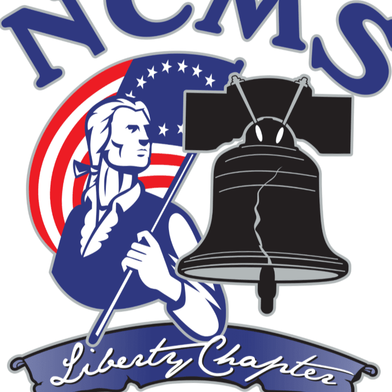 A silhouette of the Liberty Bell stands in the foreground against a background of a patriotic American flag and a man in colonial attire, with "NCMS" and "Liberty Chapter" text above and below.