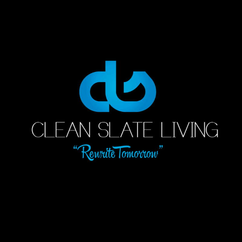 A blue abstract logo and white text reading "CLEAN SLATE LIVING" and "Rewrite Tomorrow" are displayed against a black background.