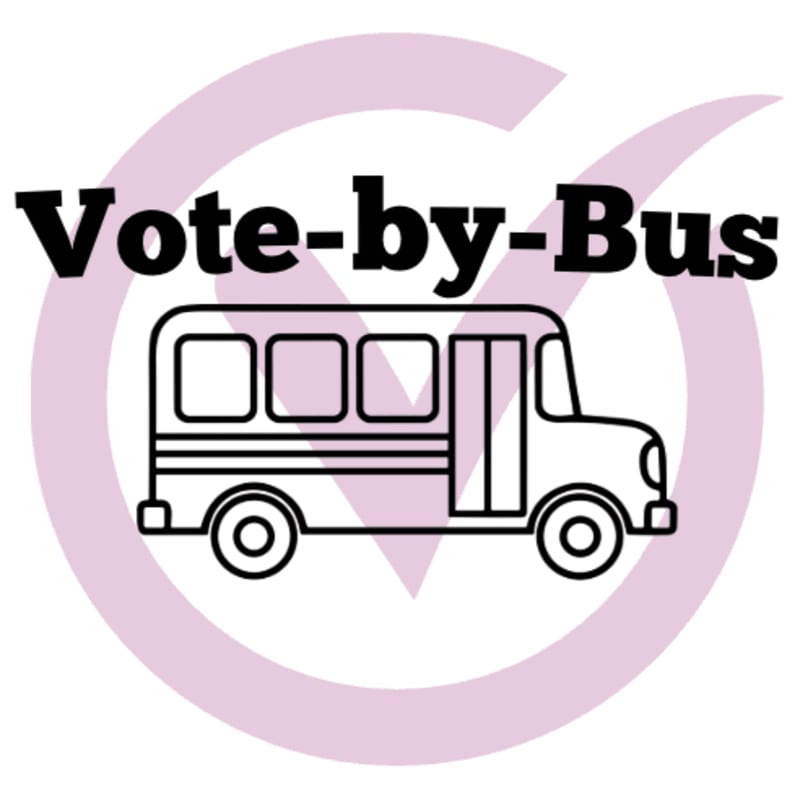 A black and white outline of a bus with the words "Vote-by-Bus" above it is superimposed on a large, light purple checkmark.