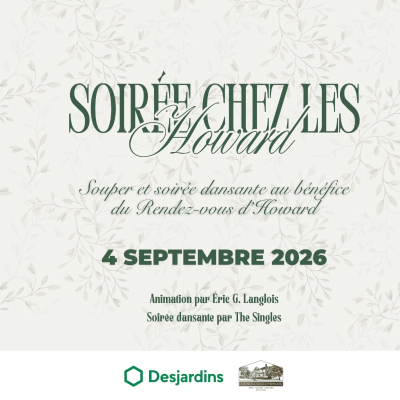 A white background with a subtle floral pattern frames text announcing a "Soirée chez les Howard" on September 4, 2026, with sponsor logos at the bottom.