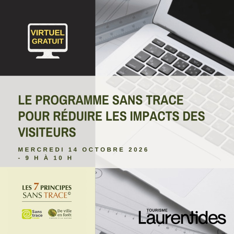 A laptop and ruler are in the background, while the foreground displays text about a free virtual program on reducing visitor impact.