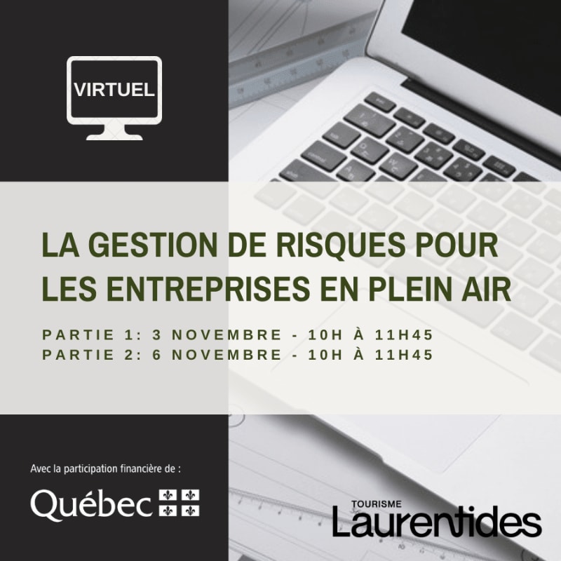 A laptop and ruler are in the background, while the foreground displays text about a virtual risk management event for outdoor businesses.