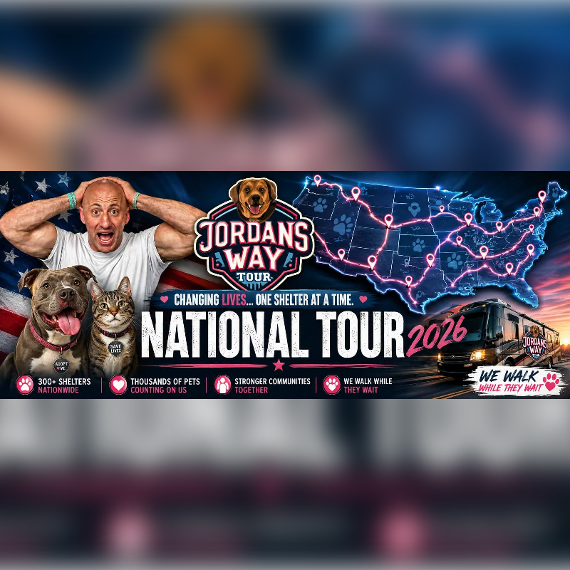 A man with a dog and cat in the foreground stands before a banner advertising Jordan's Way National Tour 2026, featuring a map of the US with paw prints.