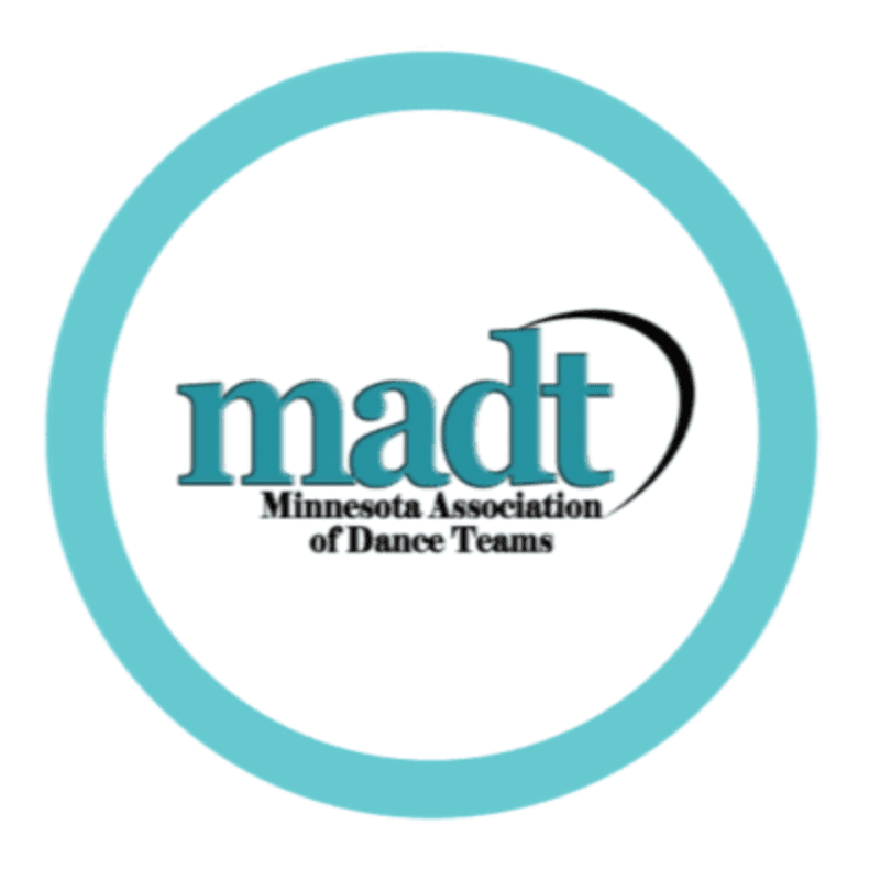 A teal circle encloses the text "madt Minnesota Association of Dance Teams" in the foreground, set against a white background.