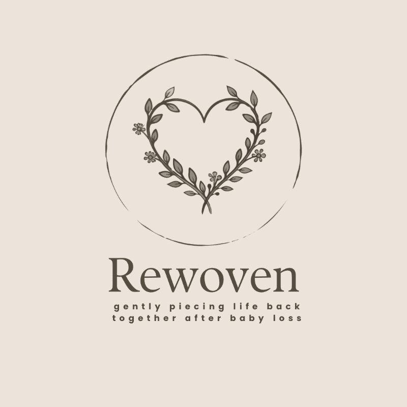 A delicate floral heart logo with the text "Rewoven gently piecing life back together after baby loss" is centered on a soft beige background.