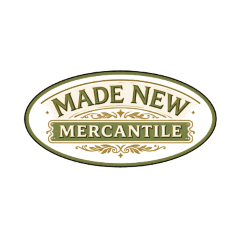 An oval logo with a cream background features the words "MADE NEW" in green at the top and "MERCANTILE" in gold below, all framed by decorative olive green borders and a white background.
