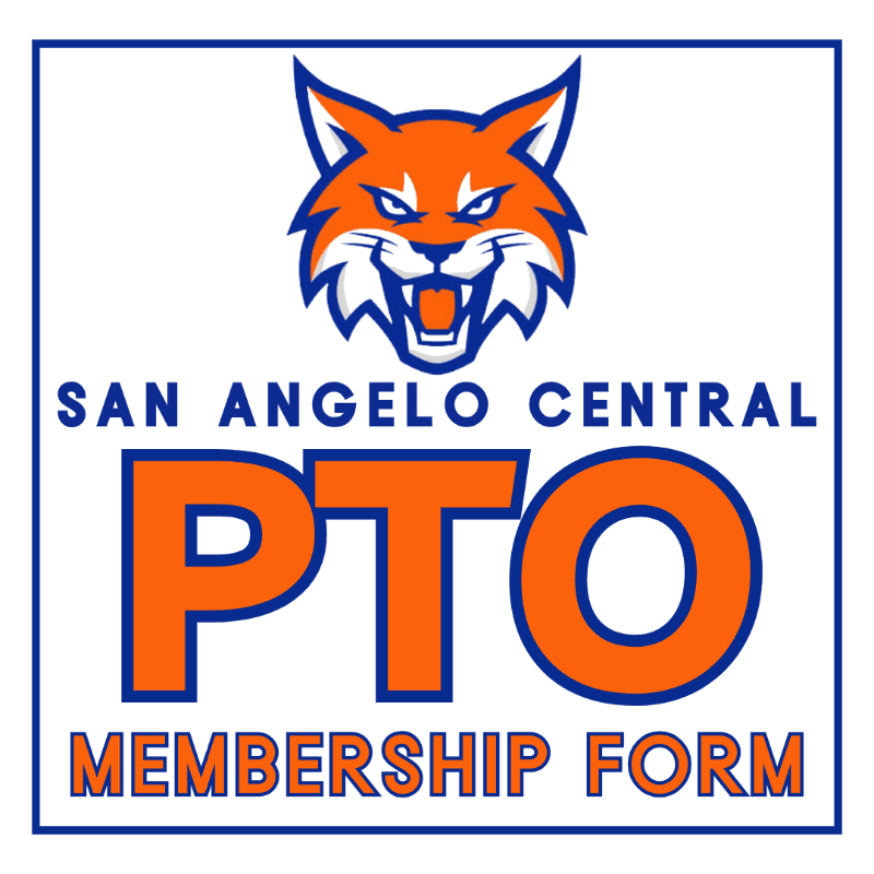 An orange and blue bobcat mascot is centered above the text "SAN ANGELO CENTRAL PTO MEMBERSHIP FORM" on a white background.
